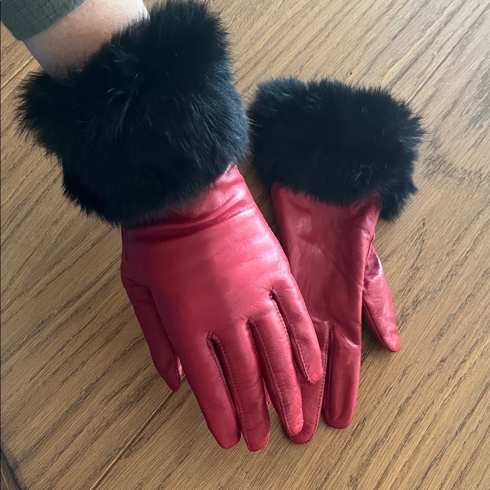 Red genuine Leather Gloves with Black rabbit Fur cuff